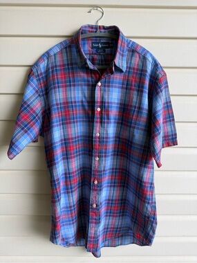 Men’s Ralph Lauren Blue & Red Plaid Short-Sleeve Button-Up medium 100% cotton